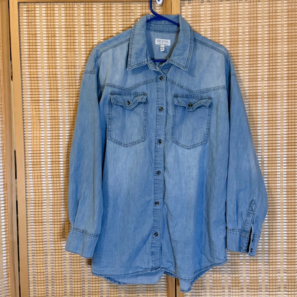 Sofia Jeans by Sofia Vergara Denim Button Down Shirt Light Wash Cotton Large